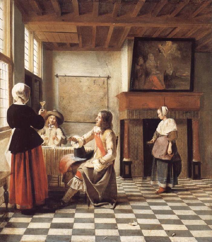 Pieter de Hooch An Interior,with a Woman Drinking with Two Men,and a Maidservant Spain oil painting art